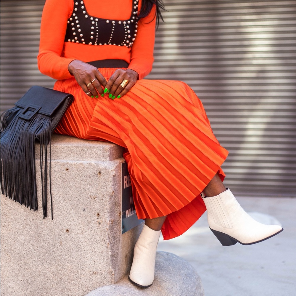 Mango Orange Pleated Skirt Size XS - Picture 3 of 9